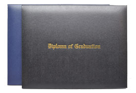 blue and black leatherette diploma cases with gold imprinting